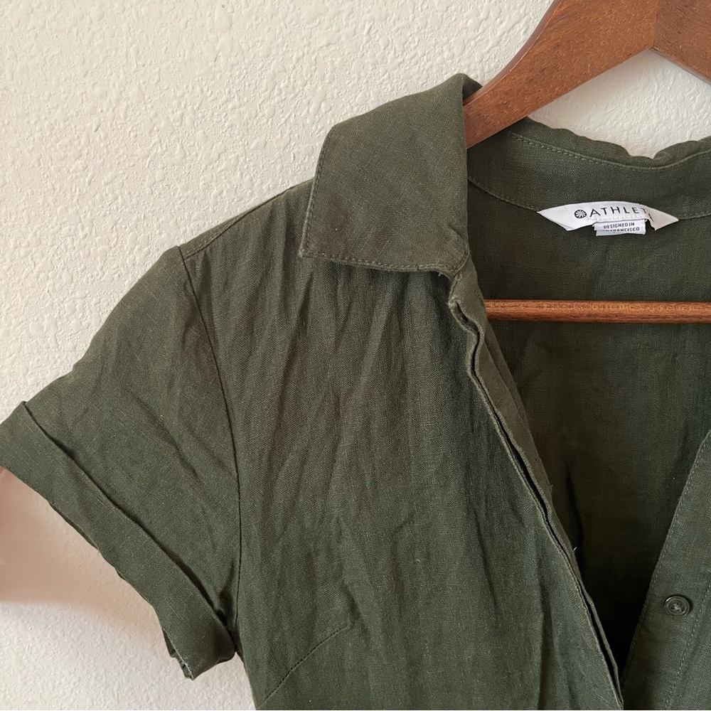 Athleta Linen Olive Green Button-Up Pocketed Summer Festival Boho Romper - Picture 6 of 6